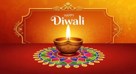 Elegant Diwali Celebration with Lit Diya and Rangoli Design on Decorative Backdrop