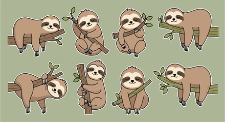 Fototapeta premium Sloth characters hanging on branches