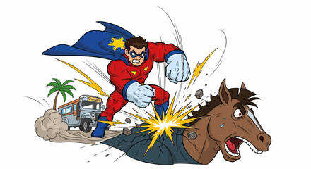 Superhero Crushing a Horse with Super Strength Cartoon.