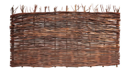 Rectangular woven branch panel with curved top edge on transparent background