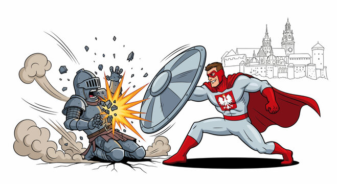 Superhero Confronts Knight in Dynamic Clash of Eras.