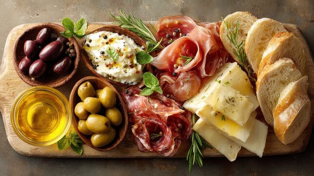Italian antipasto platter with olives, cured meat, cheese, bread slices, and olive oil on wooden board, offering rustic and appetizing Mediterranean snack experience