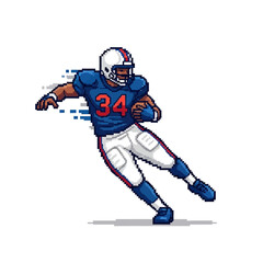 Obraz premium Energetic pixel art illustration of an American football player in full stride, powerfully carrying the ball with dynamic motion and determination across the field