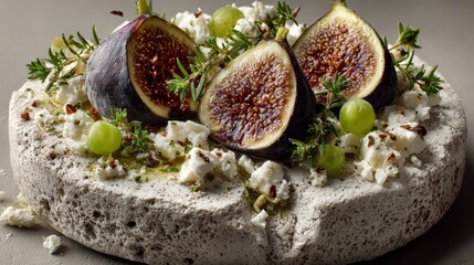 Fresh figs and green grapes are beautifully arranged on creamy white cheese with herbs, creating delicious and visually appealing Mediterranean inspired dish