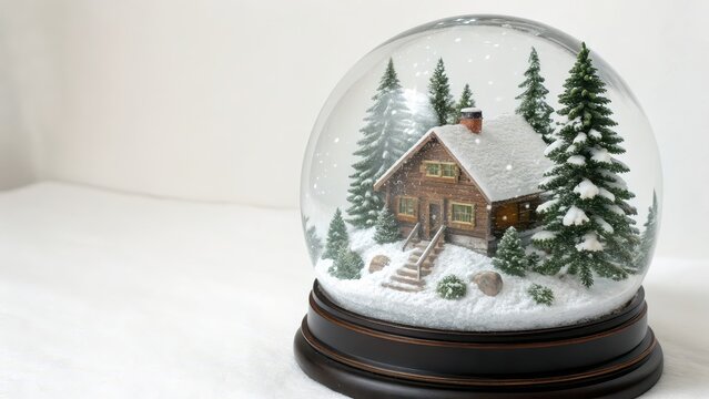Rustic snow globe displaying a peaceful log cabin surrounded by snowy pine trees, evoking warmth and holiday nostalgia.