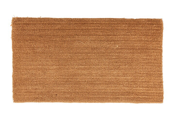 Natural coir fiber doormat with light brown texture and frayed edges on transparent background