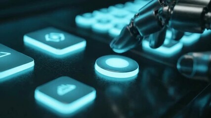 A chrome robot hand presses a glowing, blue digital button on a futuristic console, symbolizing automation, artificial intelligence initiating a task, and advanced machine operation. - Powered by Adobe