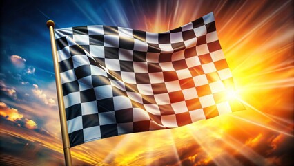 Racing Finish Line Checkered Flag with Sunset Background