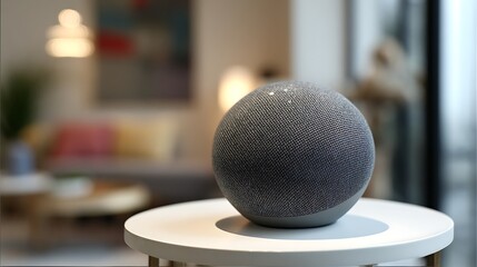 Modern Smart Speaker on a White Table in a Bright Room.