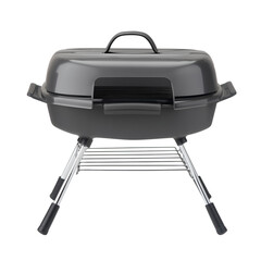 Sleek black portable charcoal grill with domed lid and transparent background