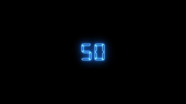 0-100 second timer circle countdown. Blue neon digital number 100 on black background thirty numeral