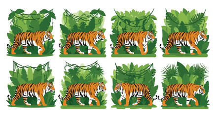 Tiger walking through jungle foliage