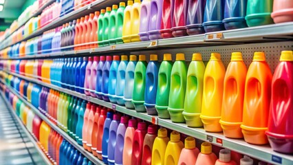 Fototapeta premium Colorful Detergent Bottles Displayed on Retail Store Shelves