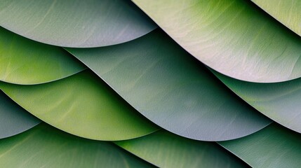 An abstract image featuring overlapping, curved shapes in shades of green with a gradient effect.