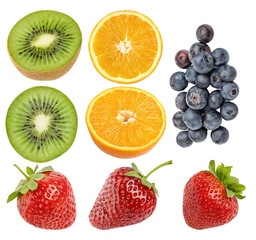 assortment of fresh, vibrant tropical and berry fruits including kiwi, oranges, blueberries, and strawberries, arranged and isolated on a transparent background.