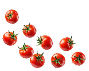 many fresh, juicy red tomatoes with green stems, featuring realistic water droplets, dynamically isolated and floating against a solid transparent background.