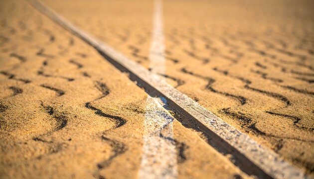 Close-up of sand with a straight, white line down the center and tire tracks