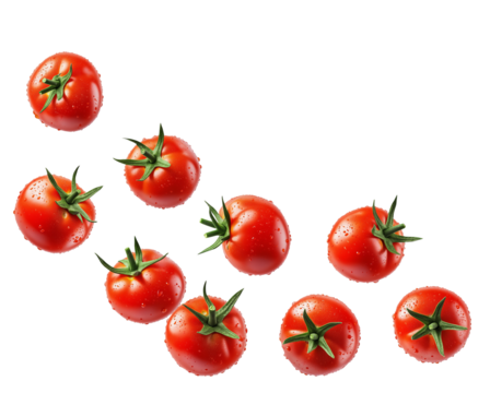 many fresh, juicy red tomatoes with green stems, featuring realistic water droplets, dynamically isolated and floating against a solid transparent background.