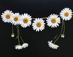 Realistic daisy garland on a dark background, showcasing detailed petals and golden centers