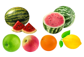 assortment of fresh, colorful fruits including whole and sliced watermelon, green apple, red apple, orange, and lemon, captured on black.