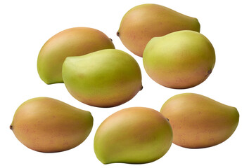 group of six ripe tropical mango fruits or similar stone fruits, featuring smooth, transitioning yellow and green-red skins, isolated on black.