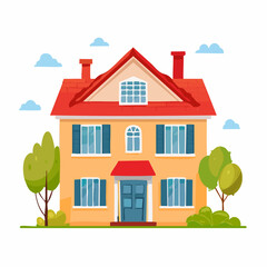 Charming Yellow Two-Story House with Red Roof and Green Trees.