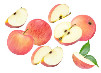 collection of whole red and yellow apples and various slices showcasing the fresh, crisp texture, dynamically isolated on a solid transparent background.