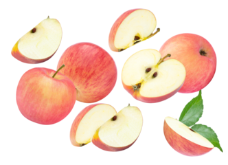 collection of whole red and yellow apples and various slices showcasing the fresh, crisp texture, dynamically isolated on a solid transparent background.