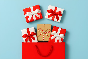 Stylish gift boxes spilling from red shopping bag against a light blue backdrop, perfect for holiday promotions and festive campaigns this season