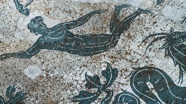 Roman mosaic featuring athletes, Baths of Neptune, Ostia Antica, the old port of Rome, Lazio, Italy, dating back to the 7th century BC