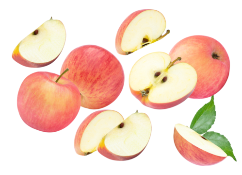 collection of whole red and yellow apples and various slices showcasing the fresh, crisp texture, dynamically isolated on a solid transparent background.