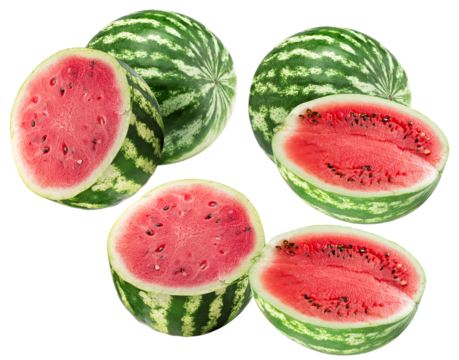 group photograph featuring whole, striped watermelons and cross-section halves, revealing the juicy red flesh and black seeds, isolated on black.