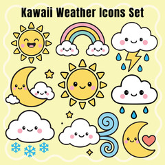 Kawaii Weather Icon Set – Cute Vector Illustrations with Pastel Colors