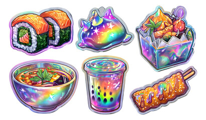 Colorful Neon Street Food Icons with Holographic Effect on Transparent Background