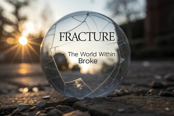 A Cracked Glass Sphere with Text Rests on the Ground at Sunset