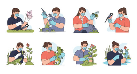 Scientists examining wildlife and plants with protective gear