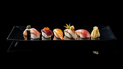 Exquisite Nigiri Sushi Selection on Black Plate Against Dark Background