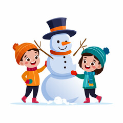 Naklejka premium Children building a snowman in winter season with joy.