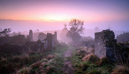 A scenic landscape featuring ruined stone walls shrouded in fog during sunrise. The image captures a serene and atmospheric scene with a path leading through th