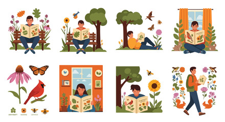 People reading books outdoors nature education learning