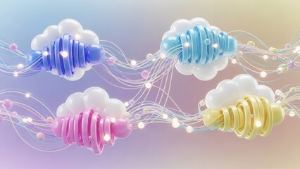 Pastel cloud network with flowing data streams and connected glowing lights design