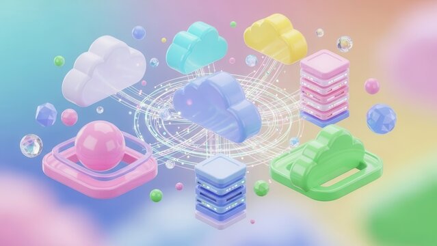 Whimsical cloud computing network illustration with playful pastel colors and server elements