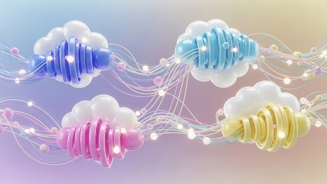 Pastel cloud network with flowing data streams and connected glowing lights design