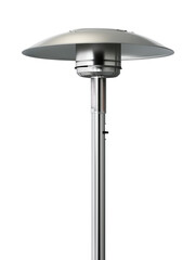 Sleek modern patio heater with cylindrical silver base and perforated disc top on transparent background