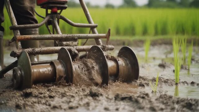 Preparing Rice Fields Power Tiller Cultivates Muddy Farmland for Planting