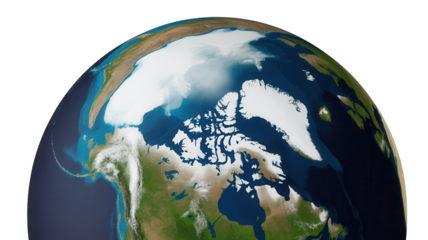 Satellite view of the arctic region showing ice caps glaciers and surrounding landmasses against a dark background