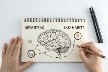 Brain sketch connecting new ideas and old habits in a notebook