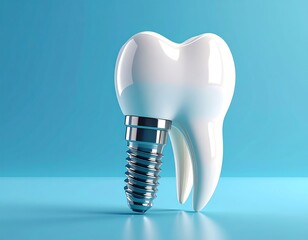 Realistic illustration of a shiny, white tooth implant on a soft blue backdrop