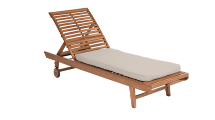 Modern lounge chair with slatted backrest and beige cushion on transparent background