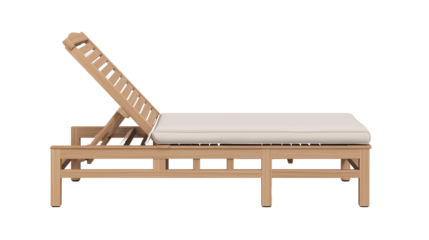 Modern wooden lounge chair with beige cushion on transparent background